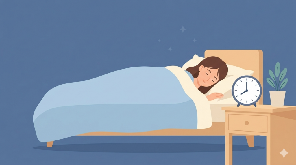 理想的な睡眠時間をイメージしたベッドと時計のイラスト