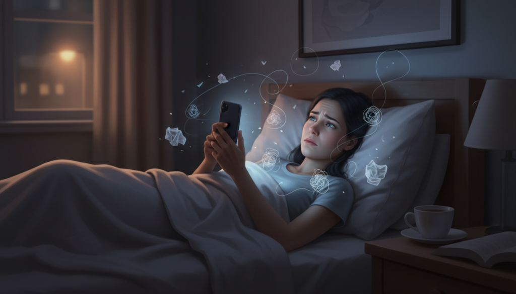 熟睡できない理由となる生活習慣やストレスのイメージ