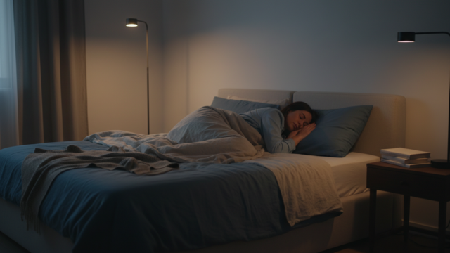 熟睡できない状態をイメージした夜の寝室