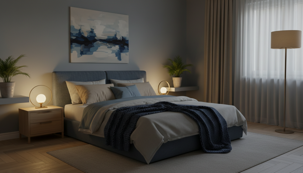 熟睡できない状態をイメージした夜の寝室