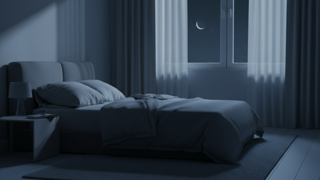 眠れない原因がわからず、夜の静かな寝室で眠れないイメージ