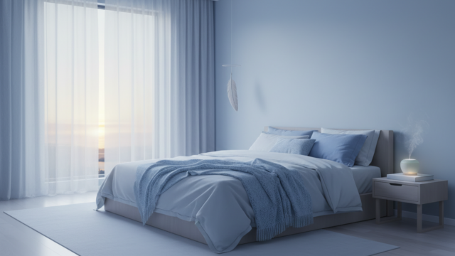 ストレスが原因で眠れない悩みと解消をイメージした寝室のアイキャッチ