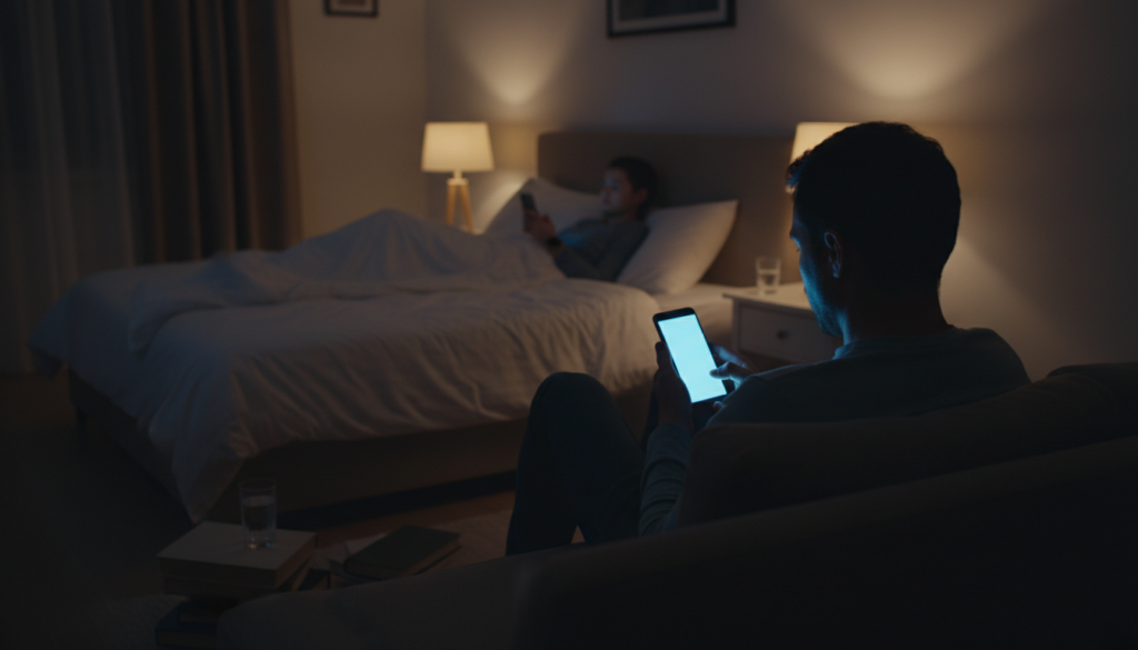 寝る前の過ごし方が眠れない原因になる様子をイメージした夜の室内