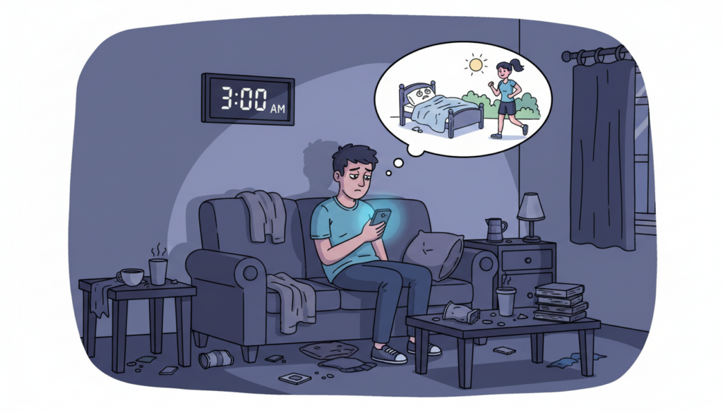 寝ても疲れが取れない原因となるNG行動をイメージした画像