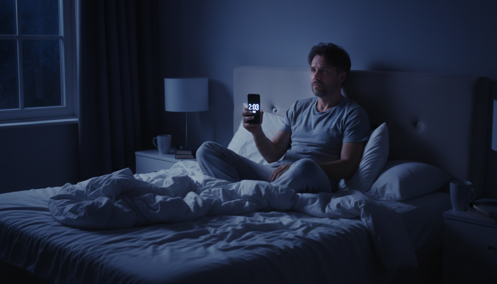 布団に入ってもすぐに眠れない寝つきが悪い状態をイメージした寝室