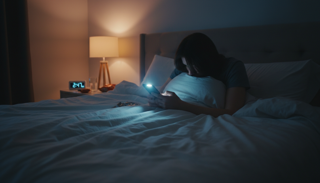 寝つきが悪いときにやってしまいがちなNG行動をイメージした夜の寝室