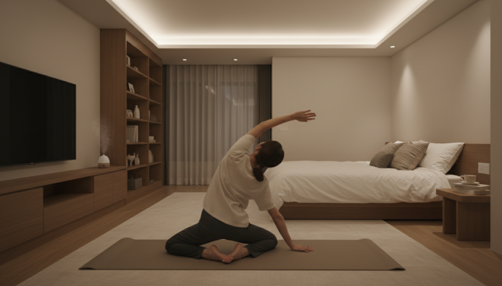 今日からできる寝つき改善の対処法をイメージしたリラックスした夜の室内