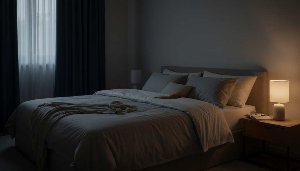 静かな寝室で睡眠の質を意識する様子