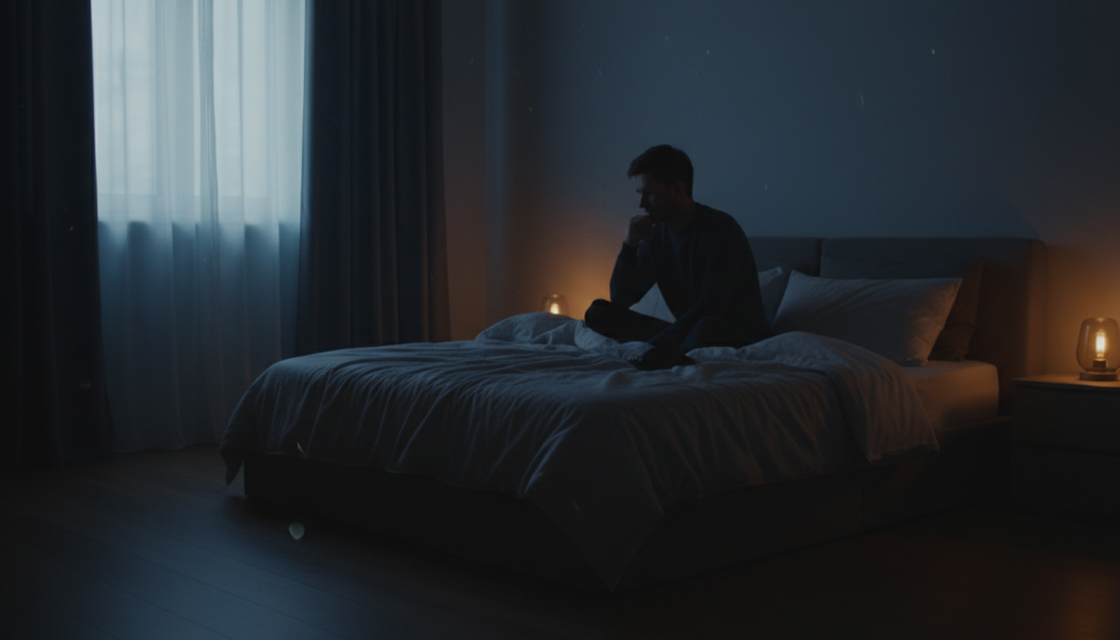 寝る前に考え事をしている様子を表した夜の室内