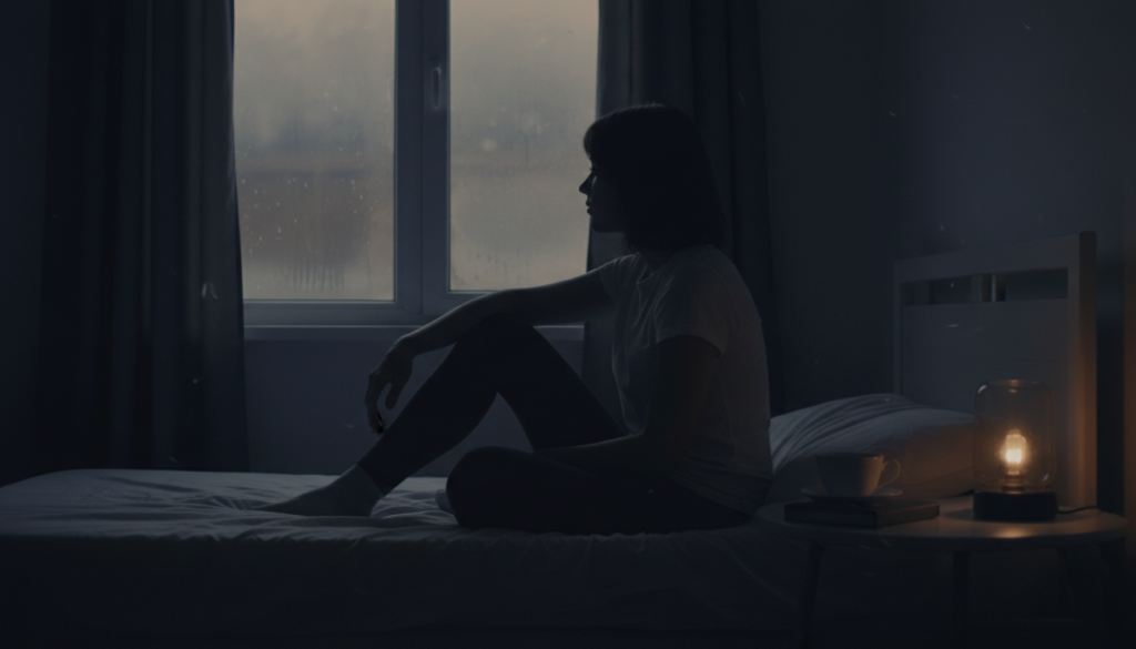 夜中に目が覚めて考え事をしている様子