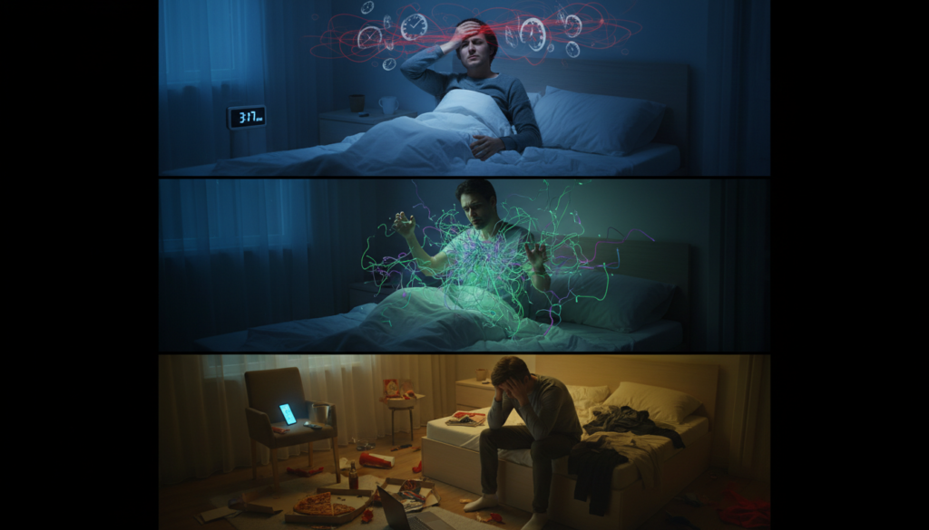 夜中に目が覚める原因に多い3つの理由をイメージしたビジュアル