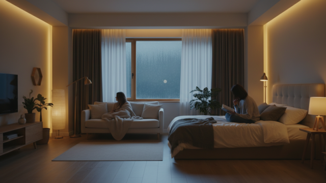 夜に眠れない悩みをやさしくイメージした静かな寝室の様子