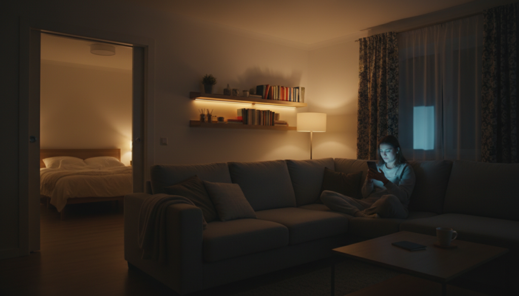 夜眠れない人に多い生活習慣をイメージした夜の室内の様子