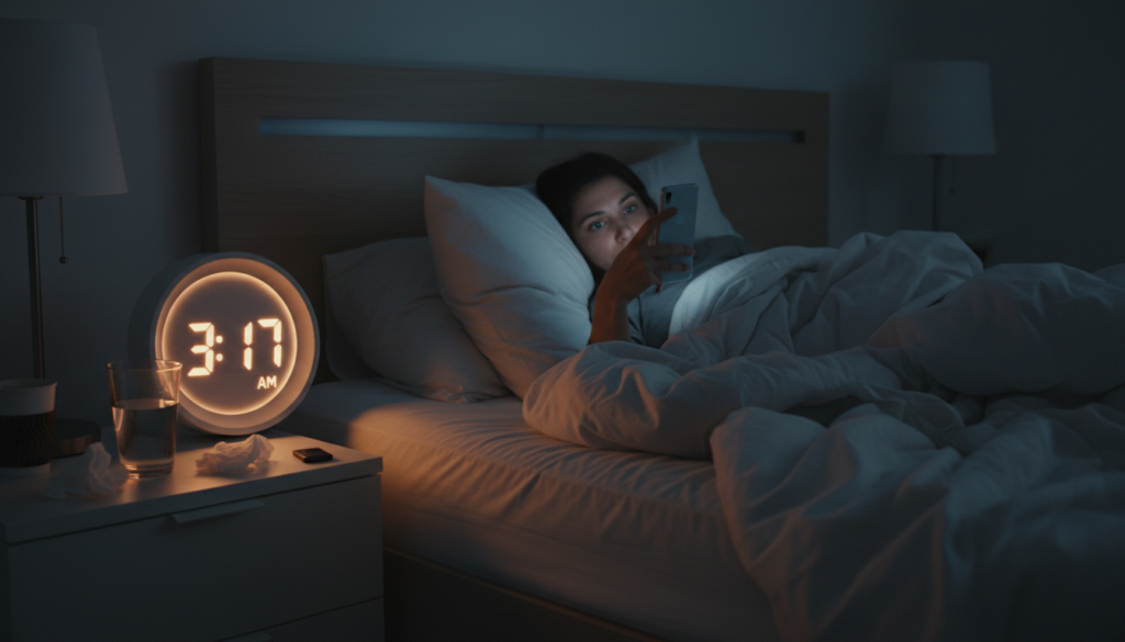 夜眠れないときにやってしまいがちなNG行動をイメージした寝室の様子