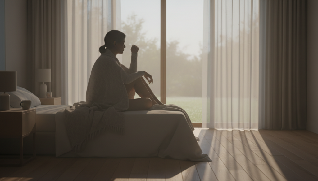 朝早く目が覚めて考え事をしている様子