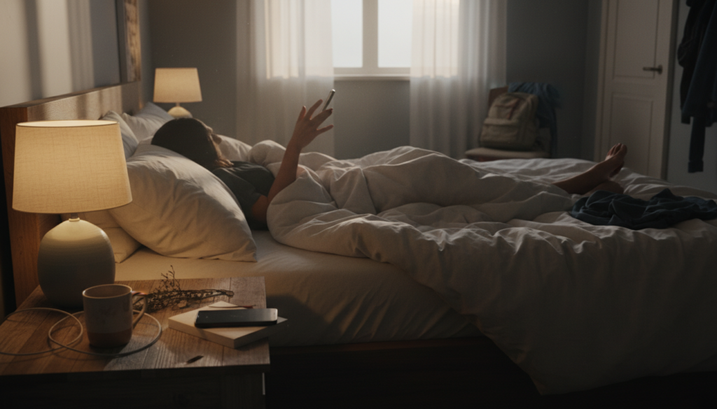 生活習慣が朝の目覚めに影響する様子を表した室内