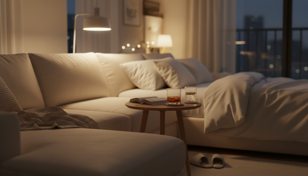 寝酒が習慣として語られる夜のリラックスした様子