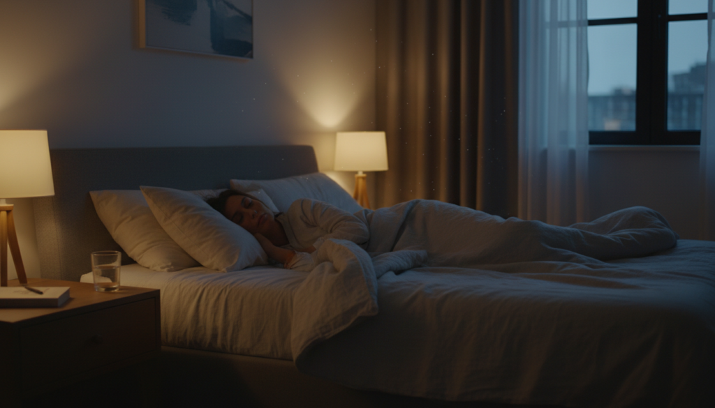 寝酒による睡眠の質低下をイメージした夜の寝室