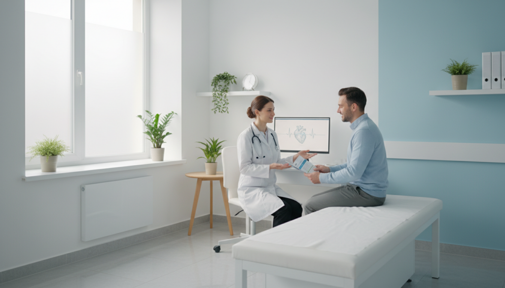 寝不足でハイな状態が続き医師に相談する様子