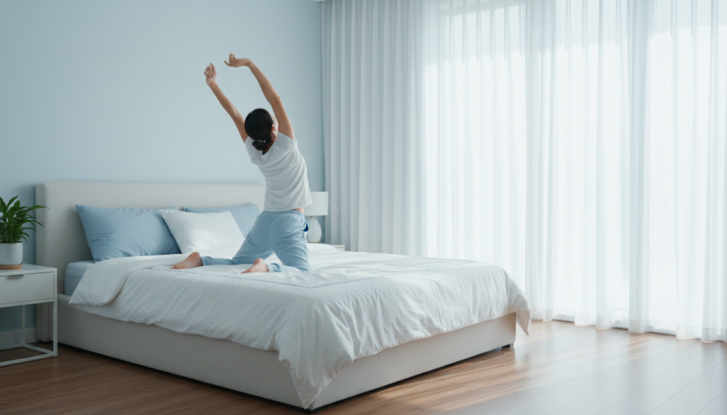 朝日が差し込む部屋で目覚める人物のイメージ