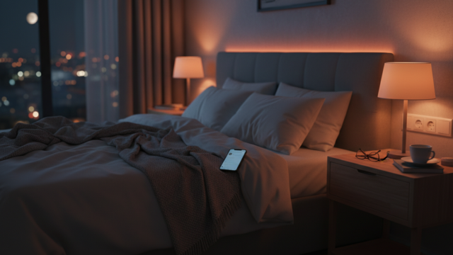 寝る前にスマホを使う習慣をイメージした夜の寝室