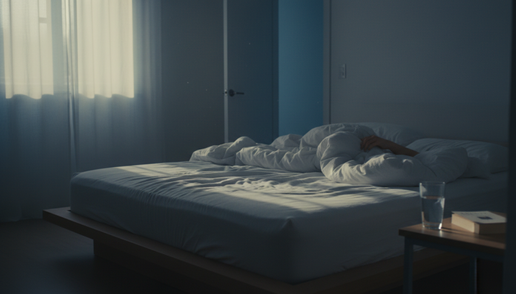 夜中や朝に目が覚める様子をイメージした寝室