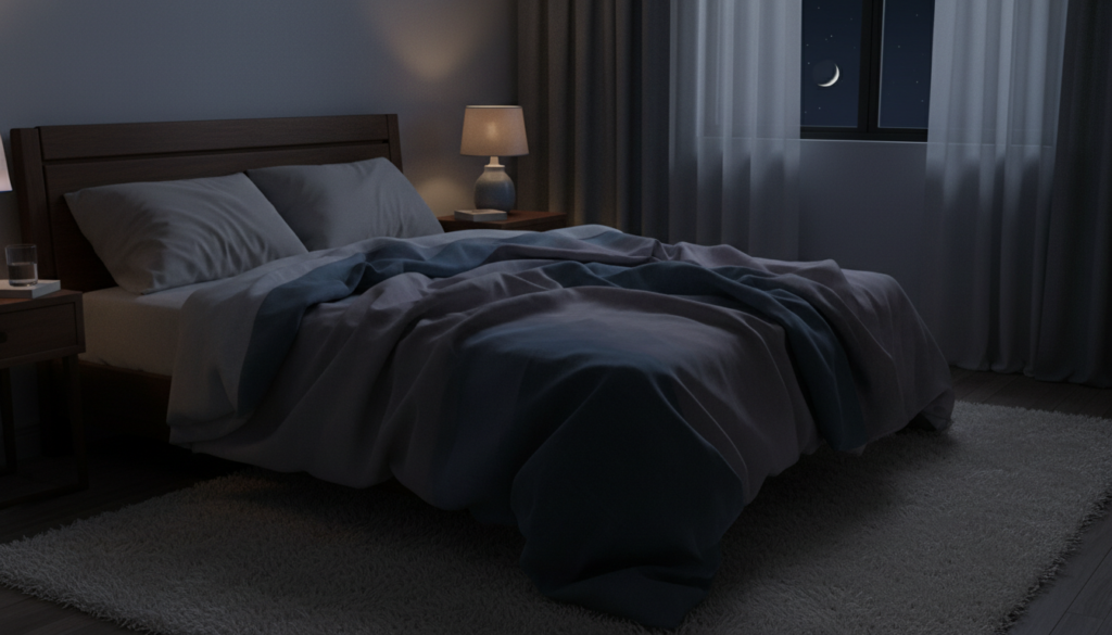夜中に目が覚めやすい状態をイメージした寝室