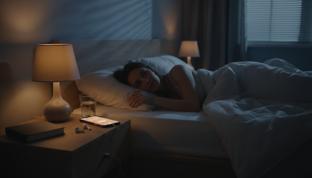 寝る前のスマホが眠りに影響する様子を表した寝室