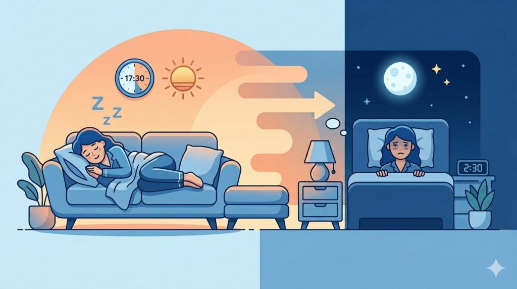 夕方に昼寝している人物と夜眠れない様子のイラスト