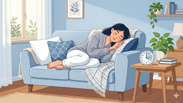 昼寝の理想時間をイメージしたベッドと時計のイラスト