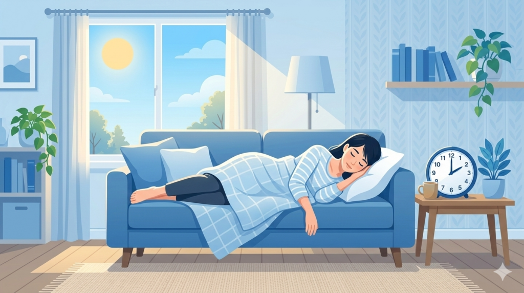 昼寝に適した時間帯を示す時計と太陽のイラスト