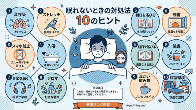 眠れないときの対処法を解説する図解イラスト