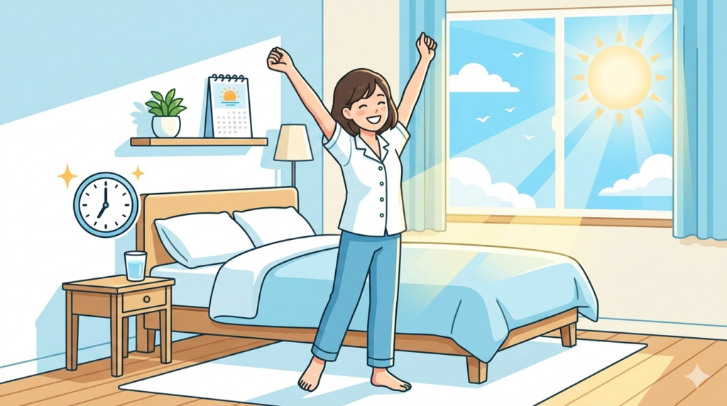 理想の睡眠時間を見つけることをイメージした人物と時計のイラスト