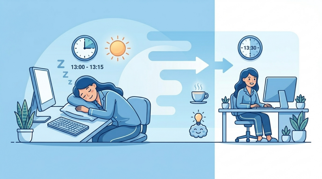 短時間の昼寝でリフレッシュしている人物のイラスト