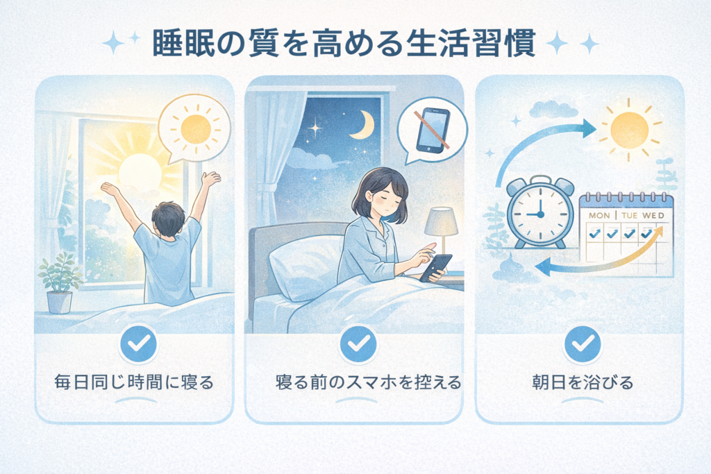 睡眠の質を高める生活習慣を説明するイラスト