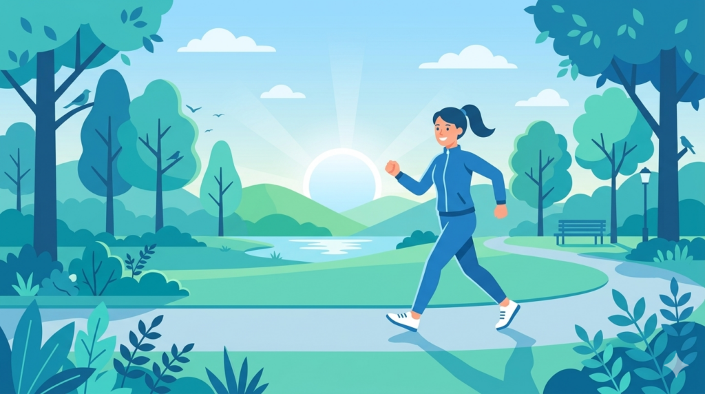 睡眠サイクルを整える生活習慣を表したウォーキングする人物のイラスト