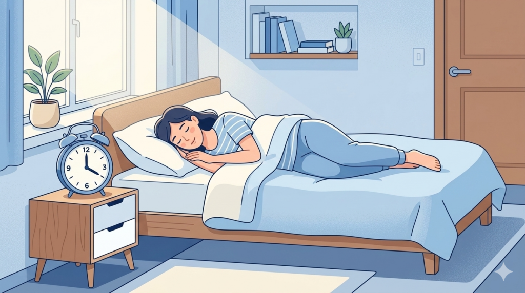 理想の昼寝時間を示す時計と休んでいる人物のイラスト