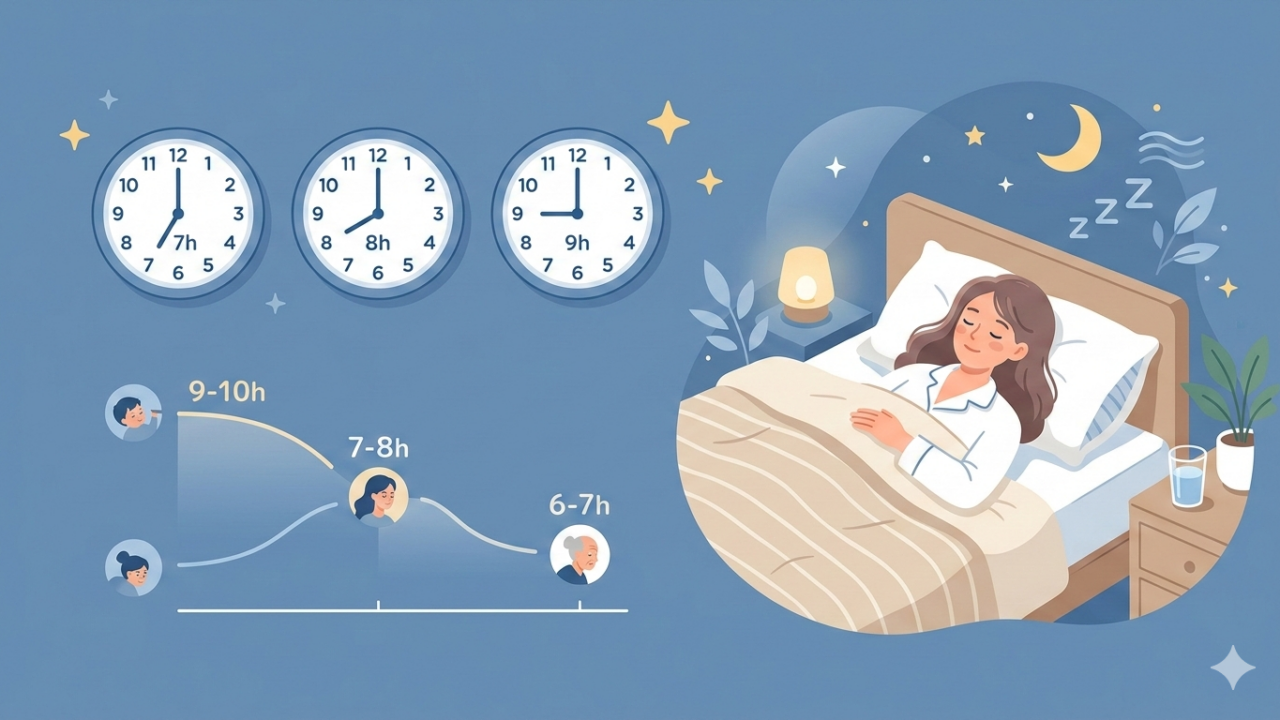 年齢別の理想的な睡眠時間をイメージした時計と眠る人物のイラスト