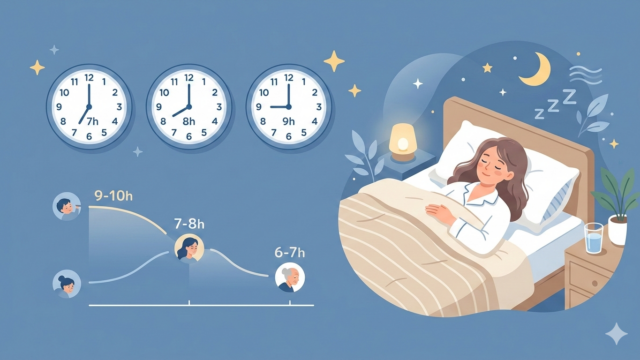 年齢別の理想的な睡眠時間をイメージした時計と眠る人物のイラスト
