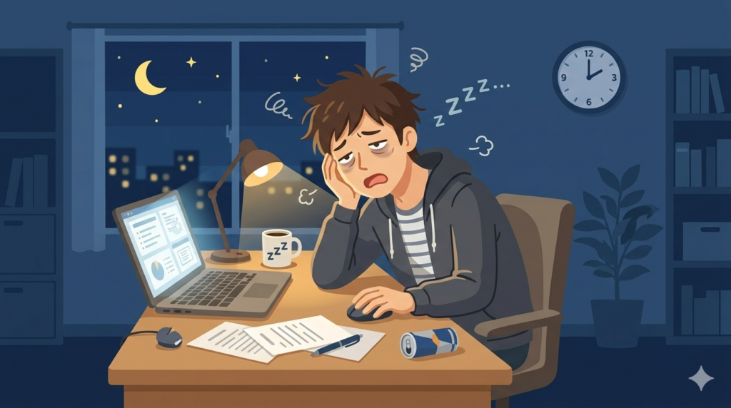 睡眠不足で疲れている人物を表したイラスト