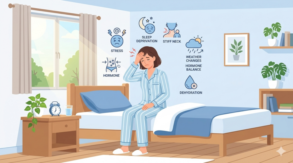 朝の頭痛の原因をイメージした人物と頭のアイコンのイラスト