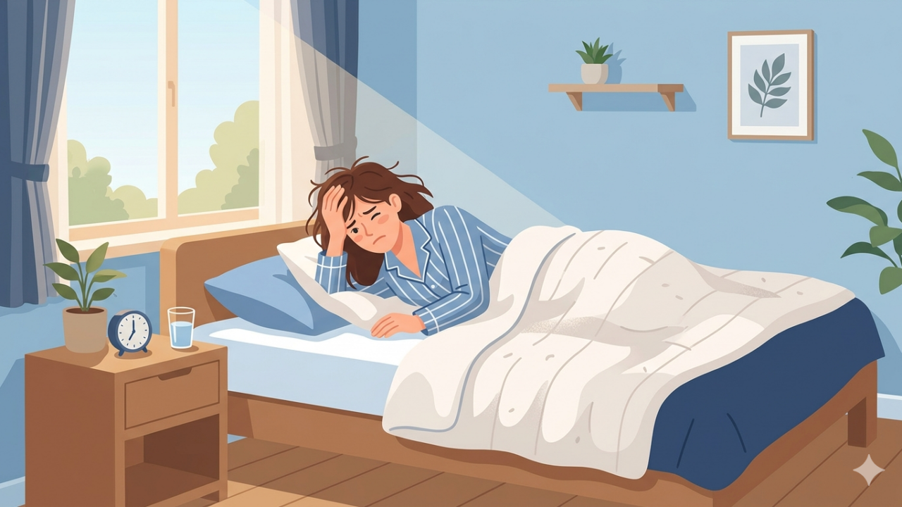 朝起きたときに頭痛を感じている人物のイラスト