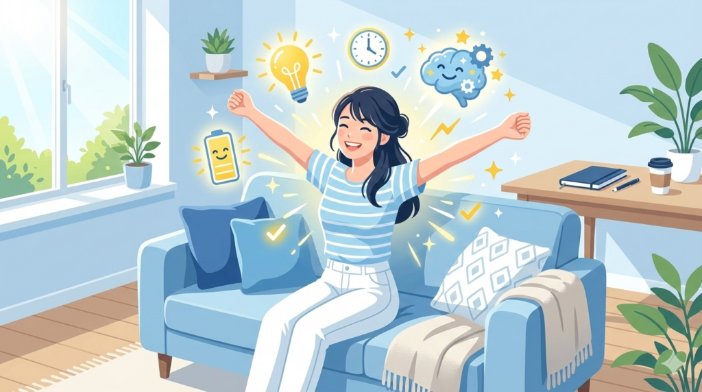 昼寝で頭がすっきりする様子を表した人物のイラスト