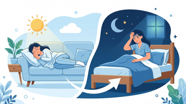 昼寝をして夜眠れなくなっている人物を表したイラスト