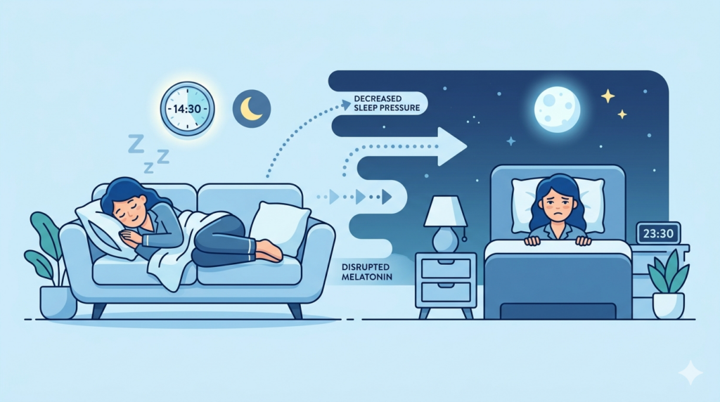 昼寝が夜の睡眠に影響することを示した時計と人物のイラスト