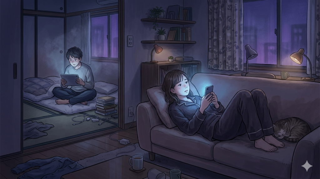 夜のNG習慣で眠れなくなるイメージイラスト