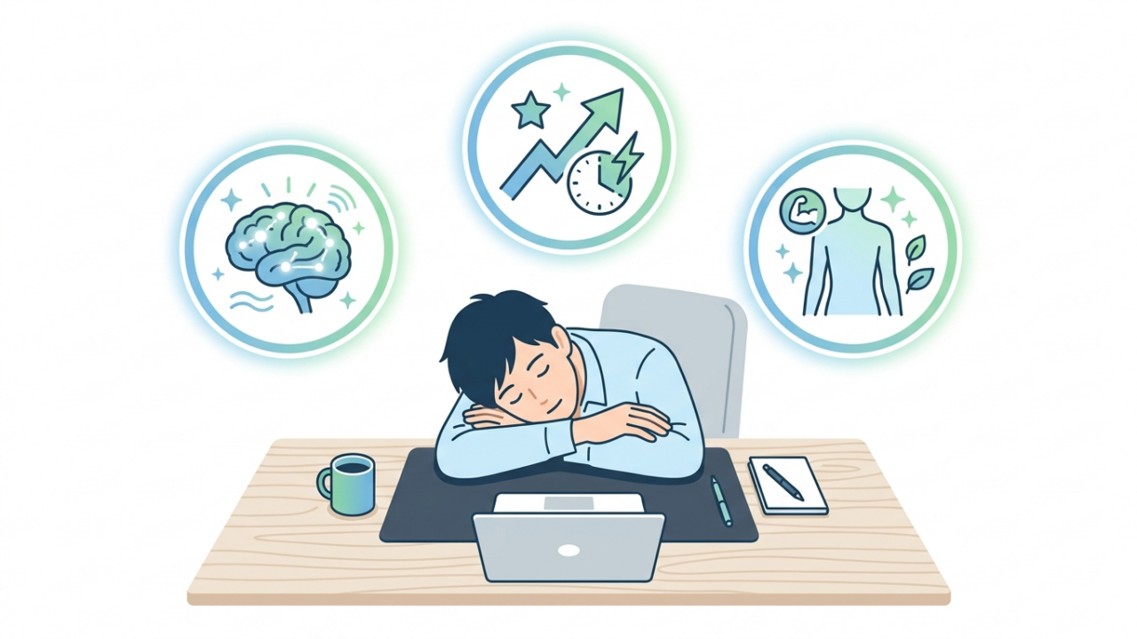 昼寝の効果を表した俯瞰イメージイラスト