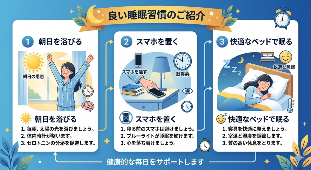 睡眠不足を防ぐ生活習慣を示すイメージ