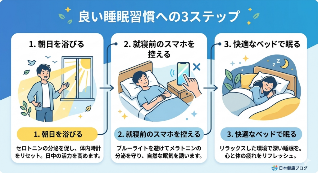質のよい睡眠のための生活習慣を示すイラスト