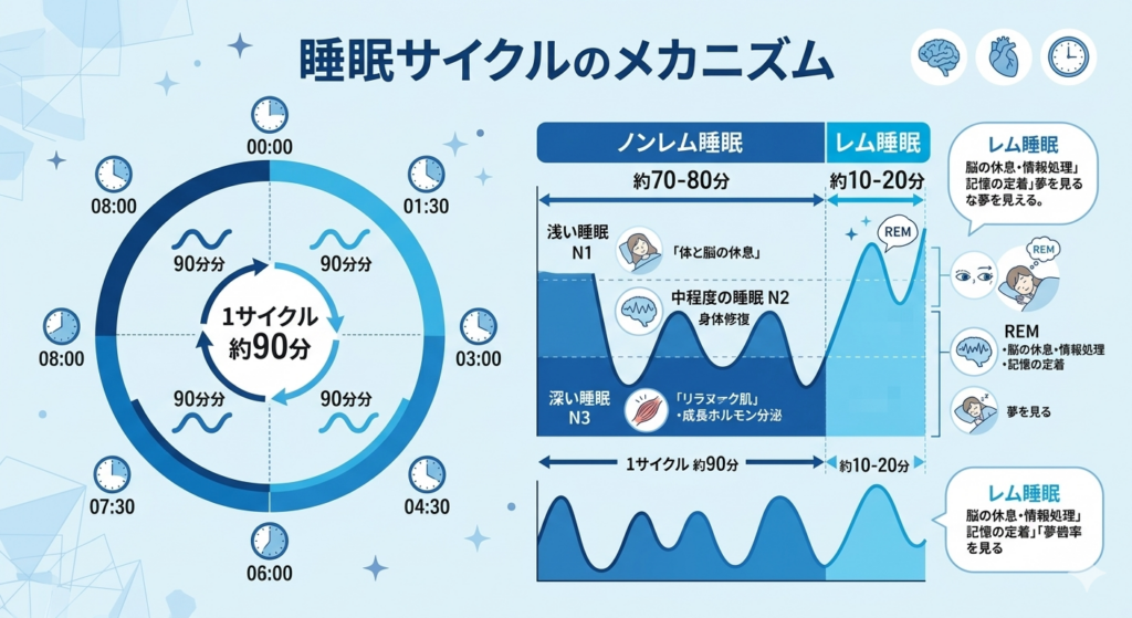レム睡眠とノンレム睡眠のサイクルを示す図